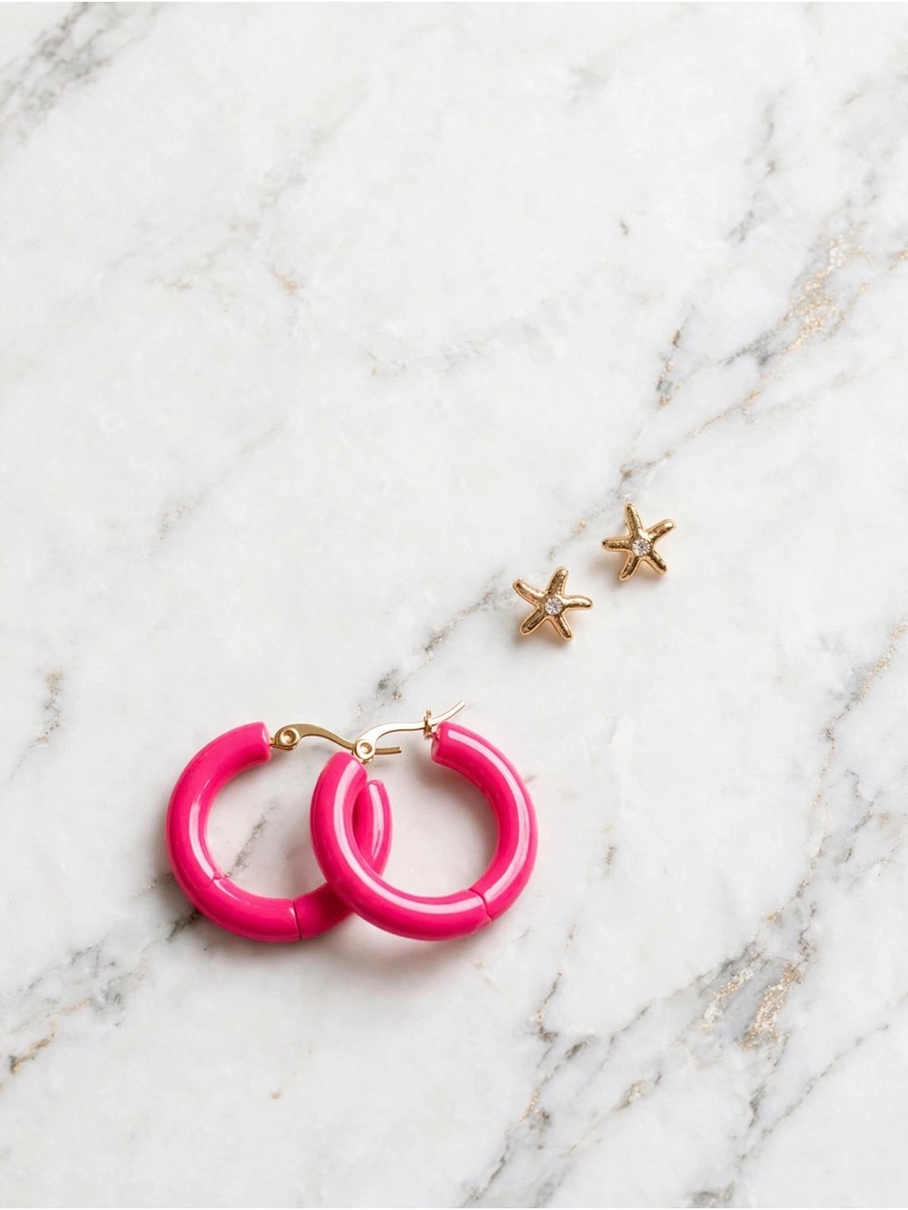 Fashion Jewelry Hot Pink Hoop Earrings with Gold Star Studs